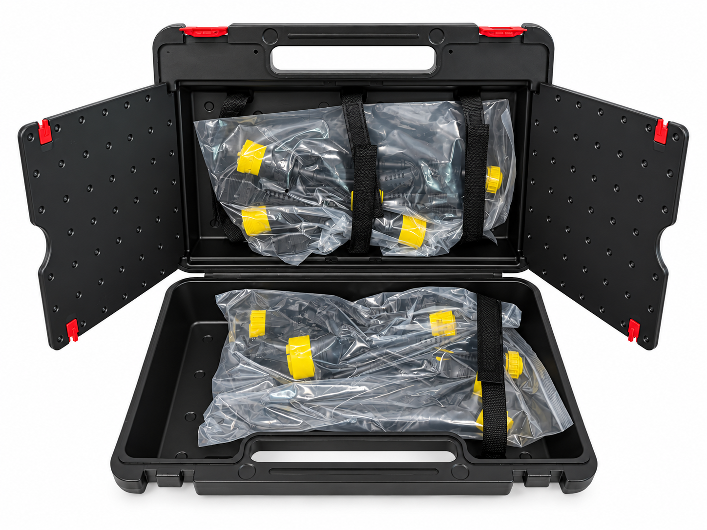Maletí negre obert amb connectors multicolors